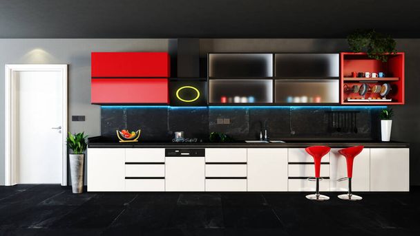 暗いインテリアコンセプトの装飾のアイデアと赤と黒のキッチンデザイン3Dレンダリング - 写真・画像