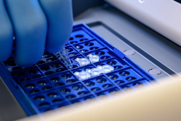 A closeup shot of a laboratory worker arranging pipette tips in a blue container for a coronavirus testing - Fotoğraf, Görsel