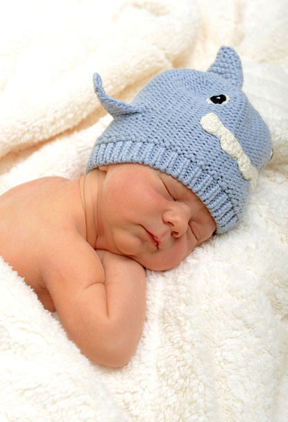 bebê recém-nascido em chapéu de tubarão
 - Foto, Imagem
