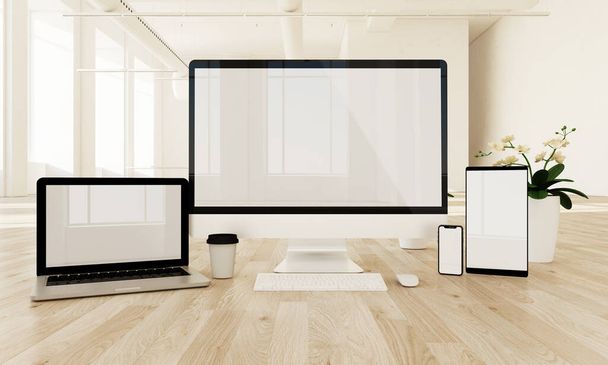 Responsive devices on the floor with white screen 3d rendering - Foto, Bild