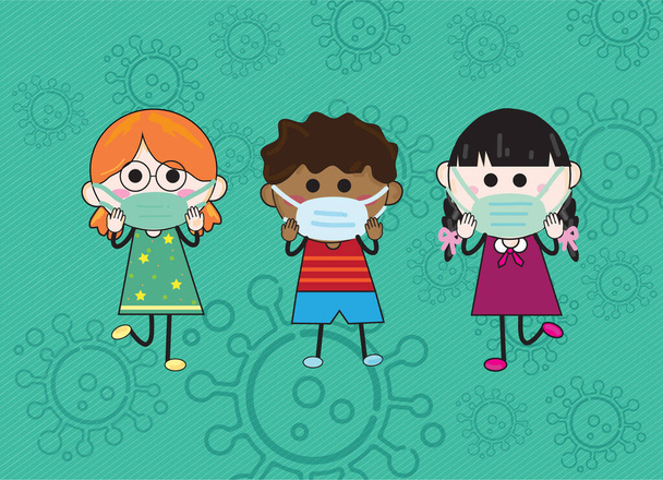 Three children, boys and girls wear a mask. To protect against Covid-19. vector illustration  Child's drawing style on a green background with a virus symbol. - Vector, Image