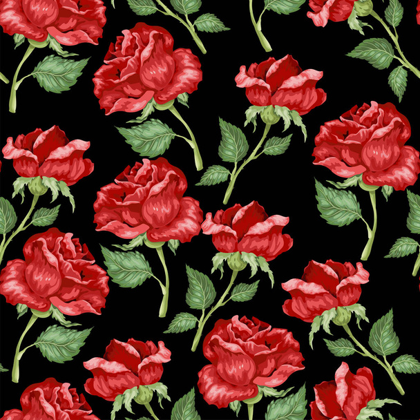 Red rose Seamless Pattern in vector graphic illustration with bright colors - Vetor, Imagem