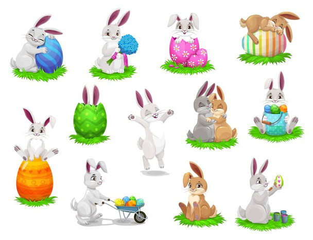 Easter cartoon rabbits with painted eggs isolated vector characters. Bunnies on easter egg hunt, egghunting party, Christian religious spring holiday, rabbit characters play and jump on green grass - Vector, Image