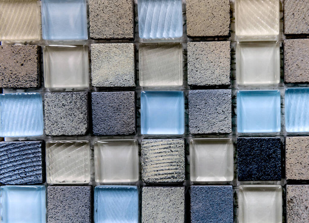 Ceramic tiles. Mosaic. Colorful ceramic mosaic tiles (white, blue, gray, blue, orange, red) Ceramic tiles. mosaic. ceramic kitchen tile. abstract pattern. gold pattern - Photo, Image