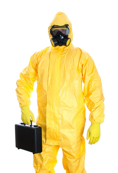 Man with briefcase in protective hazmat suit. Isolated on white. - Valokuva, kuva