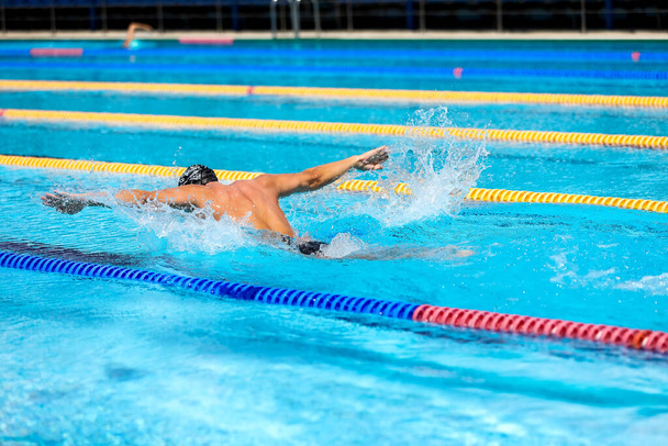 Athletic man swimming in butterfly style in the swimming pool with clear blue water. - Foto, Imagem