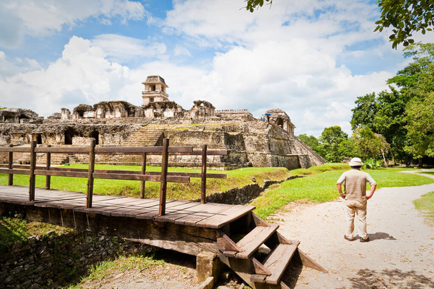 Człowiek w kapeluszu patrzy na ruiny Majów w Palenque - Zdjęcie, obraz