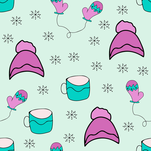 Vector background. Seamless pattern with winter hat mug and mittens. Warm winter hat mug and mittens in doodle style. Vector hand drawn illustration - Vektori, kuva