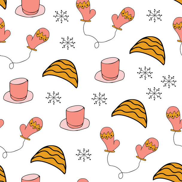 Vector background. Seamless pattern with winter hat mug and mittens. Warm winter hat mug and mittens in doodle style. Vector hand drawn illustration - Vektor, kép