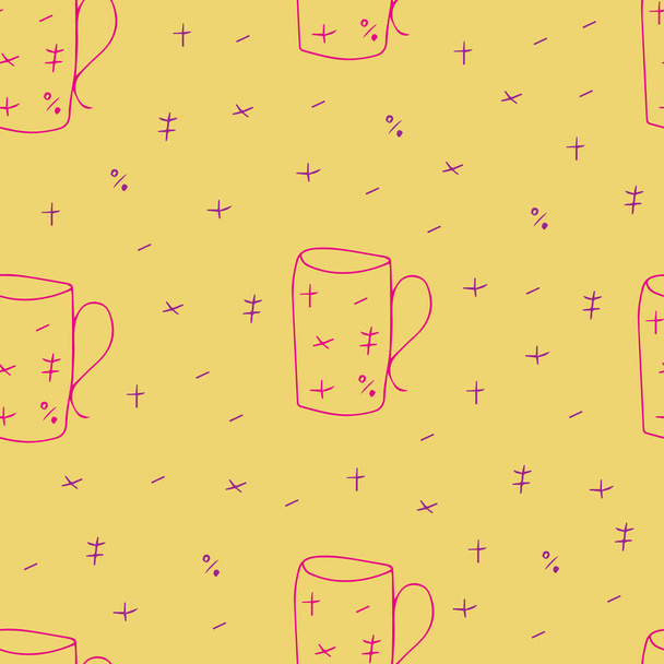 Vector background. Seamless pattern with cups, mugs of tea, coffee, cocoa. - Vetor, Imagem