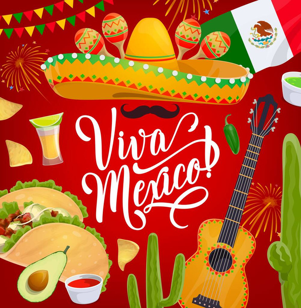 Cinco de Mayo sombrero és Maracas, Mexikó nyaralás fiesta vektor design. Mexikói kalap, chili paprika, zászló és kaktuszok, mariachi gitár és bajusz, taco, margarita és nachos, bunting, tűzijáték - Vektor, kép