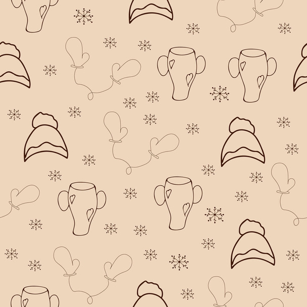 Vector background. Seamless pattern with winter hat mug and mittens. Warm winter hat mug and mittens in doodle style. Vector hand drawn illustration - Vector, imagen