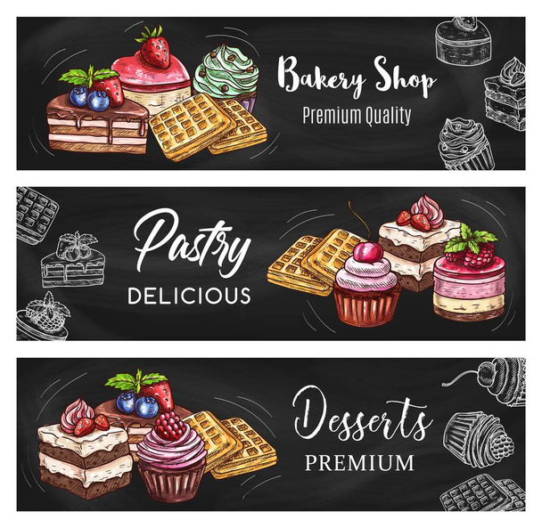 Gebak dessert schoolbord spandoeken met zoete voedsel krijt schetsen. Vectorkoeken, chocolade cupcake en muffin met room en fruit, Belgische wafels, kwarktaart en aardbeienpudding, taart en taart - Vector, afbeelding