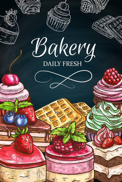Γλυκά κέικ και σκίτσα κιμωλίας ζαχαροπλαστικής στον πίνακα. Κέικ σοκολάτας, cupcake και muffin με κρέμα γάλακτος, πίτα φρούτων, cheesecake, πουτίγκα και βέλγικες βάφλες, μους και chalkboard μενού τάρτας - Διάνυσμα, εικόνα