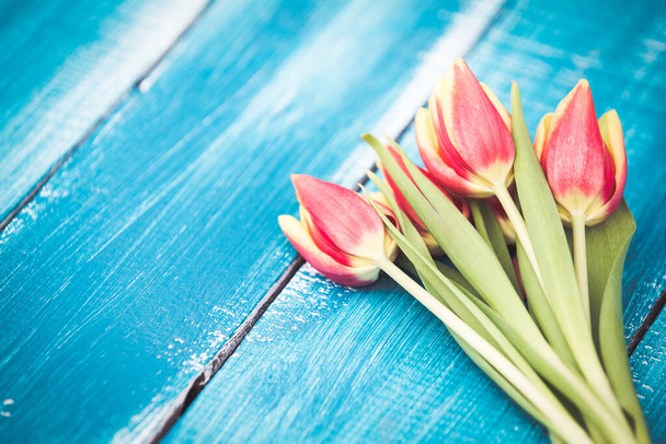 Spring tulips on blue wooden background - Fotografie, Obrázek