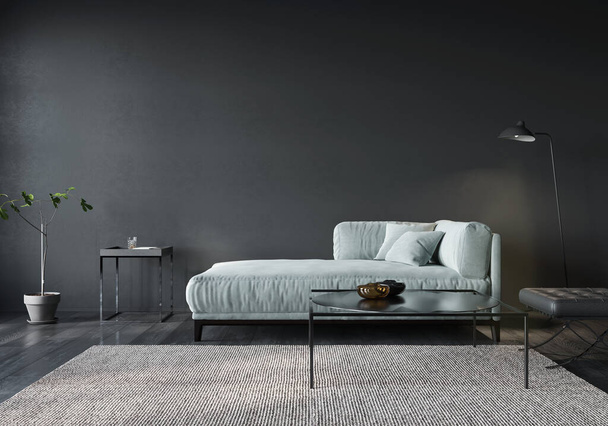 L'interno del soggiorno o reception con un divano verde chiaro, lampada da terra e tavoli in metallo / illustrazione 3D, rendering 3d
 - Foto, immagini