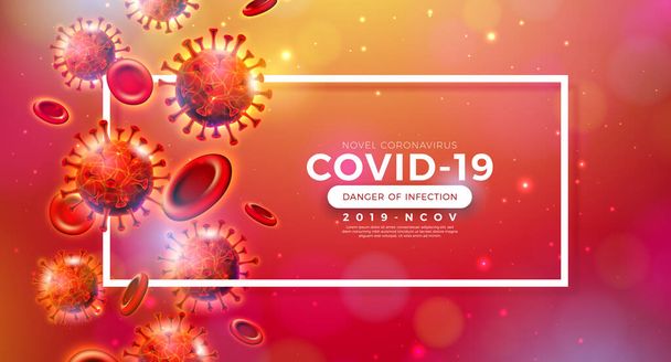 Covid-19. Coronavirus Outbreak Design with Virus and Blood Cell in Microscopic View on Shiny Red Background. Vector 2019-ncov Corona Virus Illustration on Dangerous SARS Epidemic Theme for Banner. - Вектор,изображение