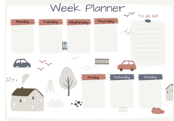 Modèle de planificateur de semaine scandinave. Organisateur et calendrier avec notes
. - Vecteur, image