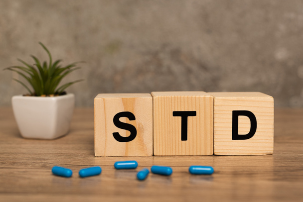 Selective focus of blocks with std letters, pills and plant on wooden table on grey background - Foto, afbeelding