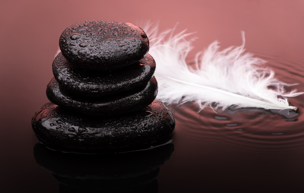 Piedras de masaje con plumas y gotas de agua
 - Foto, imagen