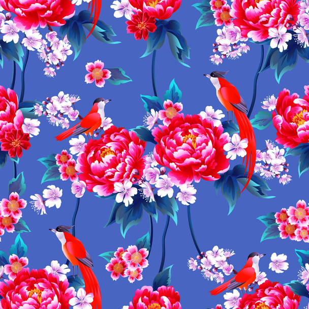 Beautiful chinese seamless pattern with peony and cherry blossom for spring dress - Vector, Image