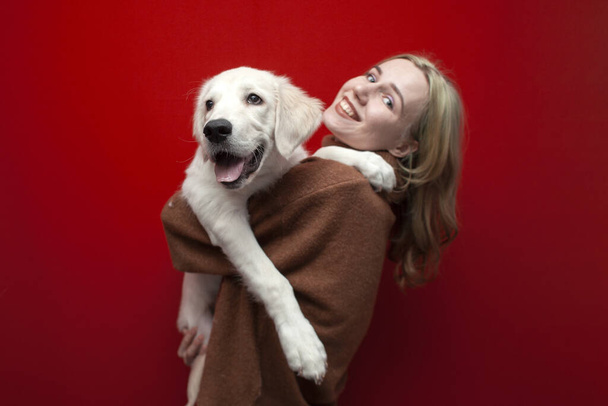 heureux gai belle fille tenant un chien sur un fond rouge, une femme étreint un chiot récupérateur d'or et sourit, les gens avec des animaux de compagnie, espace de copie
 - Photo, image