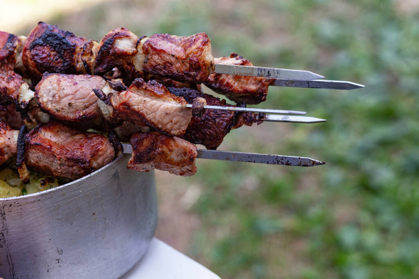 pieces of roasted juicy meat kebab cooked on fire on skewers - Photo, Image