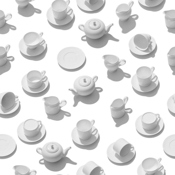 Seamless pattern of white ceramic tea set, on a white background - Foto, imagen