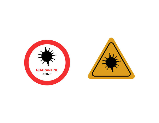coronavirus yellow warning and red no signs with quarantine zone lettering isolated on white - Vector, Image