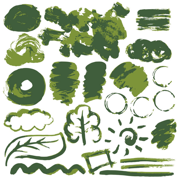 Collezione di vernice verde, inchiostro, pennellate, pennelli, linee, grungy. Onde, cerchi Elementi sporchi di scatole di decorazione - Vettoriali, immagini
