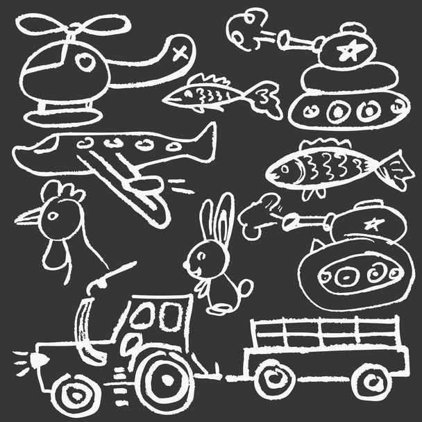Cute childish drawing with white chalk on blackboard. Pastel chalk or pencil funny doodle style vector. Set of transport, tractor, tank, plane, helicopter - Vector, Image