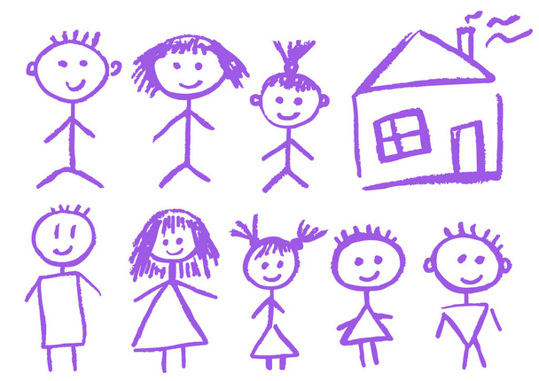 Χαριτωμένη παιδική ζωγραφιά με κηρομπογιές σε λευκό φόντο. Ζυμαρικά κιμωλία ή μολύβι αστεία doodle στυλ διάνυσμα. Σπίτι, παιδιά, άνθρωποι - Διάνυσμα, εικόνα