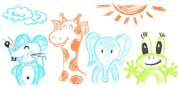 Desenho infantil bonito com lápis de cera em um fundo branco. Giz pastel ou lápis engraçado vetor estilo doodle. Conjunto de belos animais. Rato, girafa, elefante, rã
 - Vetor, Imagem