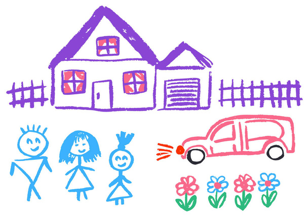 Cute childish drawing with wax crayons on a white background. Pastel chalk or pencil funny doodle style vector. Family comfort, home, fence, car, flowers - Vector, Image