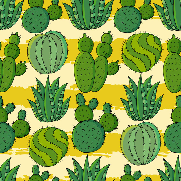Płynny wzór różnych kaktusów. Słodkie wektorowe tło egzotycznych roślin. Tropikalna tapeta w zielonych kolorach. Modny wizerunek jest idealny do projektowania - Wektor, obraz