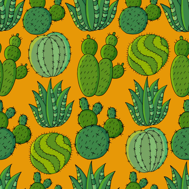 Płynny wzór różnych kaktusów. Słodkie wektorowe tło egzotycznych roślin. Tropikalna tapeta w zielonych kolorach. Modny wizerunek - Wektor, obraz