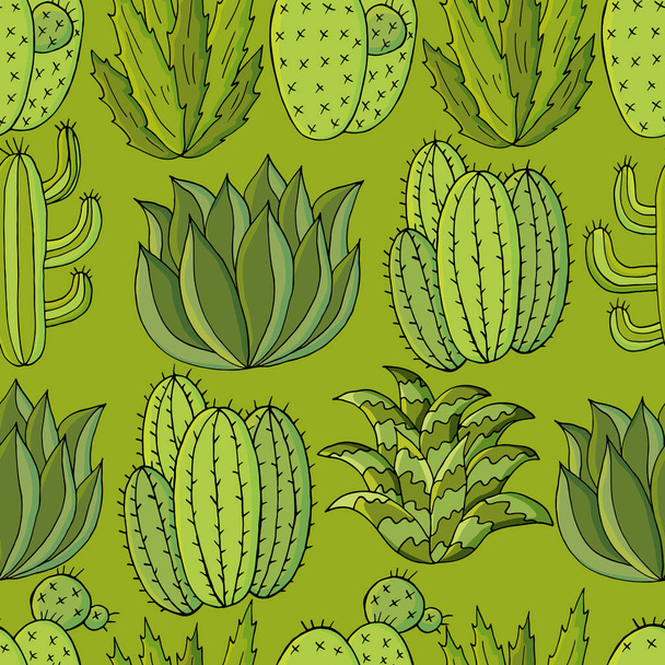 Vector seamless pattern of different cacti. Cute background from tropical plants. Exotic wallpaper in green colors. Trending image - Vetor, Imagem