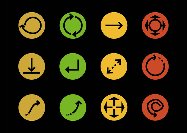 arrows in multicolored circles and different directions isolated on black - Vector, imagen