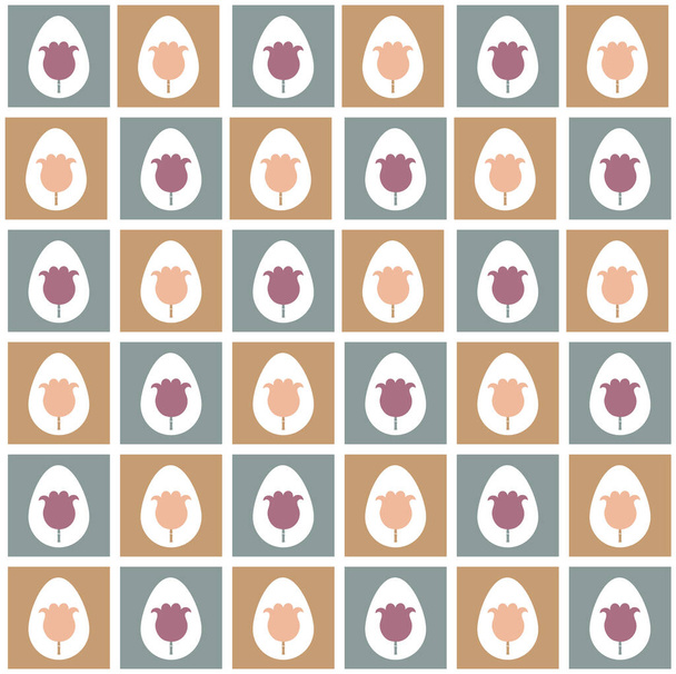  Retro easter egg tulip flower vector texture background. Mosaic decorated vintage eggs 50s seamless pattern. Seasonal scrapbook paper, stationery, home decor swatch. Spring style all over print. - Vector, Image