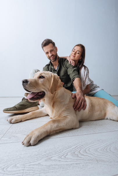 Low angle view of smiling couple sitting on floor near golden retriever on grey background - Фото, изображение