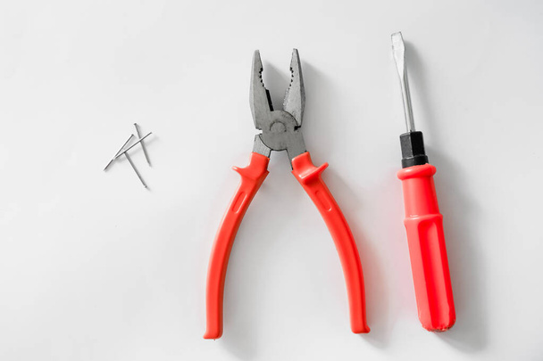 Τσιμπίδα, καρφιά και κατσαβίδι σε λευκό φόντο. εργαλεία εργασίας για την επισκευή. σετ ξυλουργού - Φωτογραφία, εικόνα
