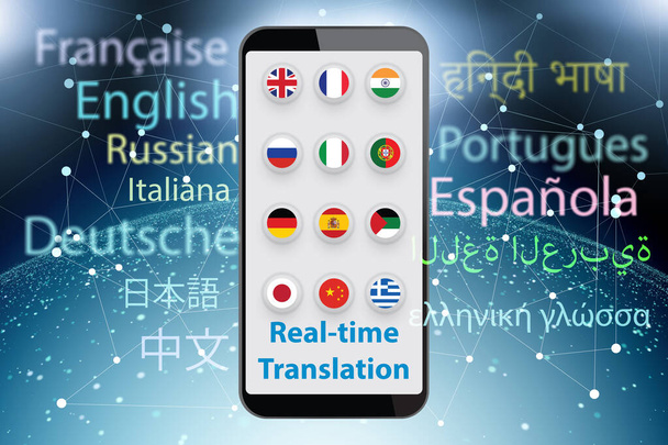 Fogalom a valós idejű fordítás okostelefon app - 3d render - Fotó, kép