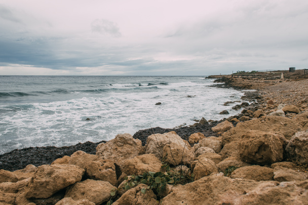 tranquil coastline with stones near blue sea - Фото, зображення