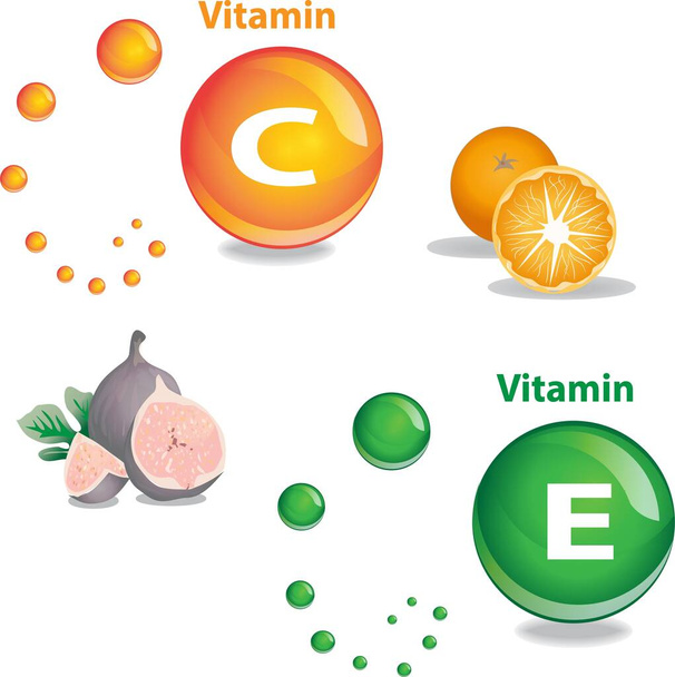 Signo e ilustración de vitamina C y vitamina E
 - Vector, Imagen