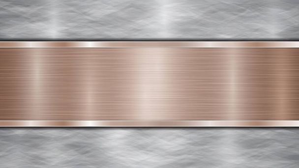 Achtergrond bestaande uit een zilverkleurig glanzend metallic oppervlak en een horizontale gepolijste bronzen plaat centraal gelegen, met een metalen textuur, glaren en gepolijste randen - Vector, afbeelding