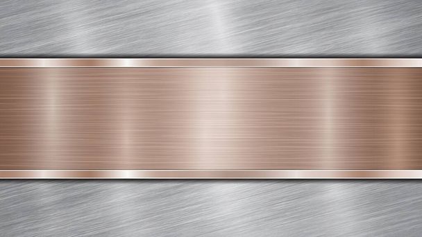 Фон, состоящий из серебристой блестящей металлической поверхности и одной горизонтальной полированной бронзовой пластины, расположенной в центре, с металлической текстурой, блестками и закрашенными краями
 - Вектор,изображение