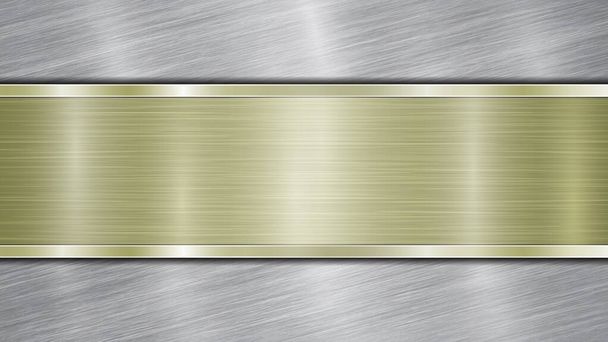 Fondo compuesto por una superficie metálica brillante plateada y una placa dorada pulida horizontal situada en el centro, con una textura metálica, reflejos y bordes bruñidos
 - Vector, Imagen