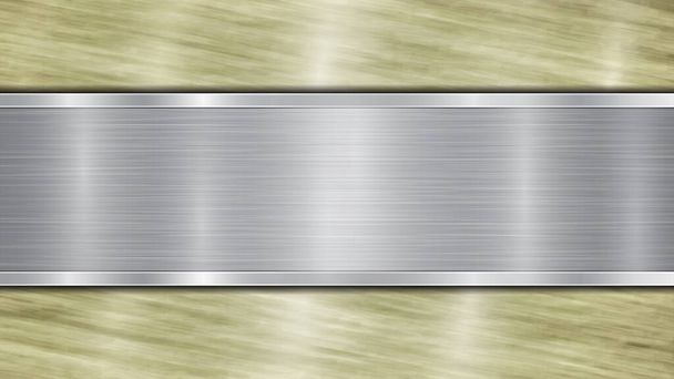 Hintergrund bestehend aus einer goldglänzenden metallischen Oberfläche und einer horizontal polierten Silberplatte, die sich mittig befindet, mit metallischer Struktur, grellen Farben und polierten Kanten - Vektor, Bild
