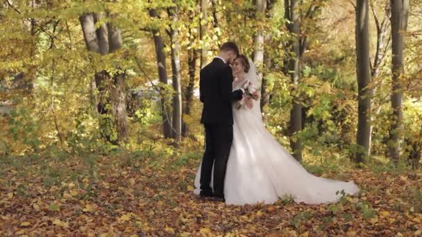 Friss házasok. Fehér vőlegény menyasszonnyal a parkban. Esküvői pár. Boldog család. - Felvétel, videó