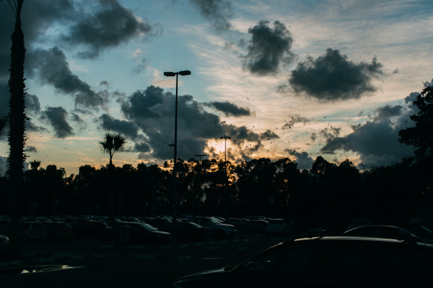 voitures sur le parking moderne pendant le coucher du soleil dans la soirée
  - Photo, image